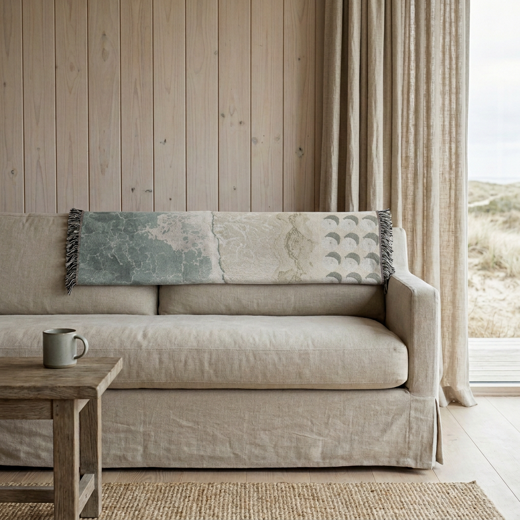 More faded coastal blanket across the sofa back