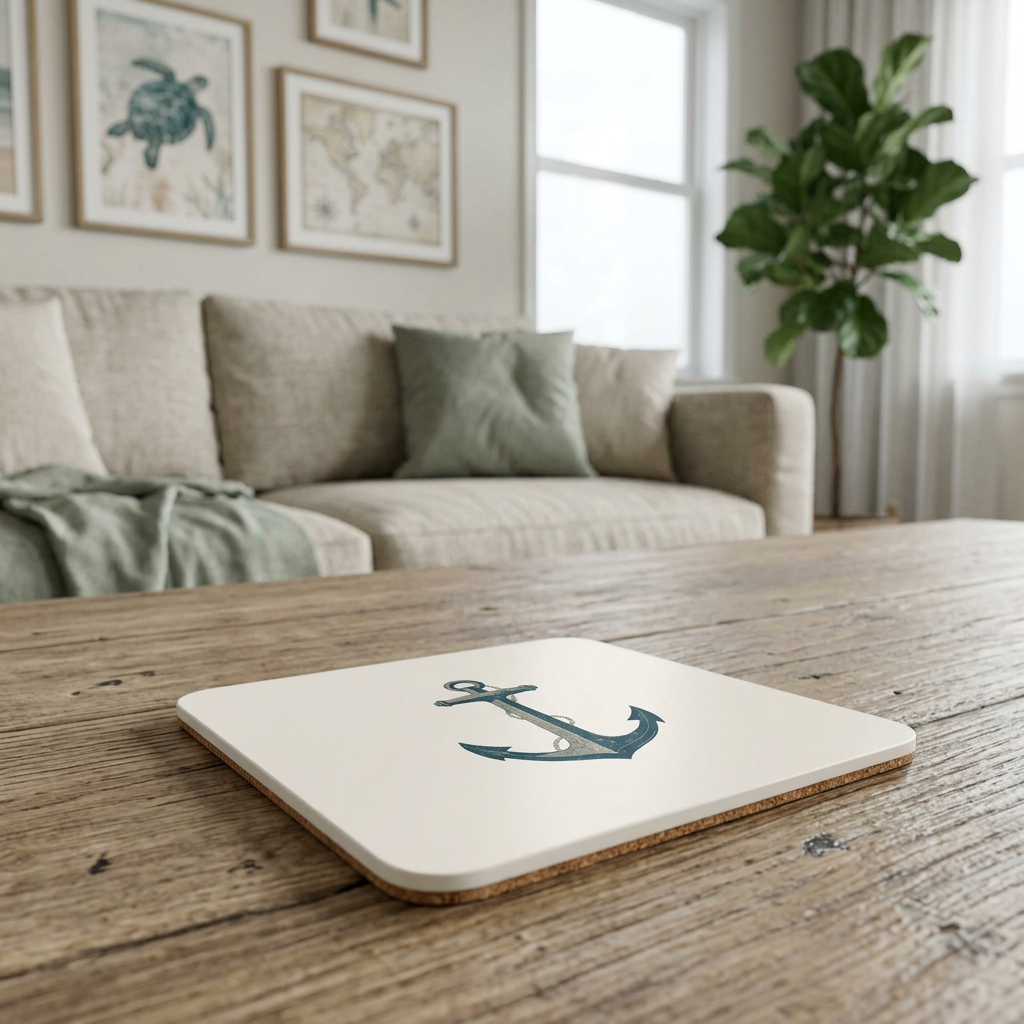 Anchor coaster on an oak coffee table in a cozy beach house