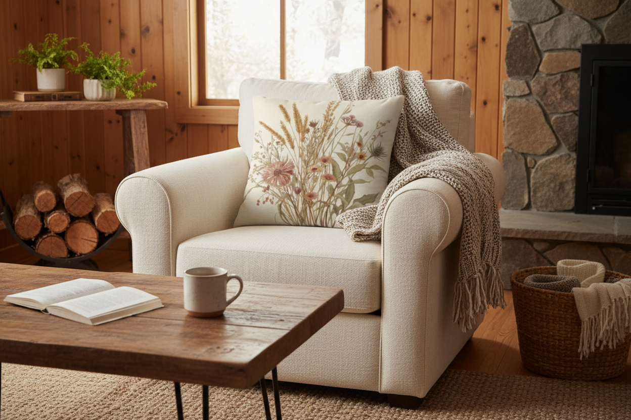 Cozy cabin living room with cottage garden florals pillow - mockup test