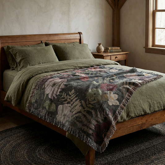 Duller botanical blanket on a cabin bed
