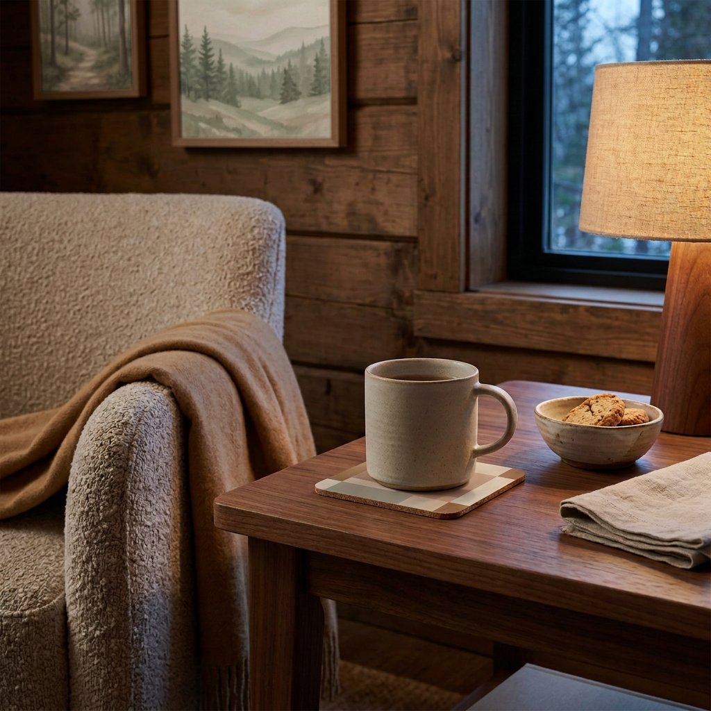 Dune cabin mockup with woodland landscape wall art