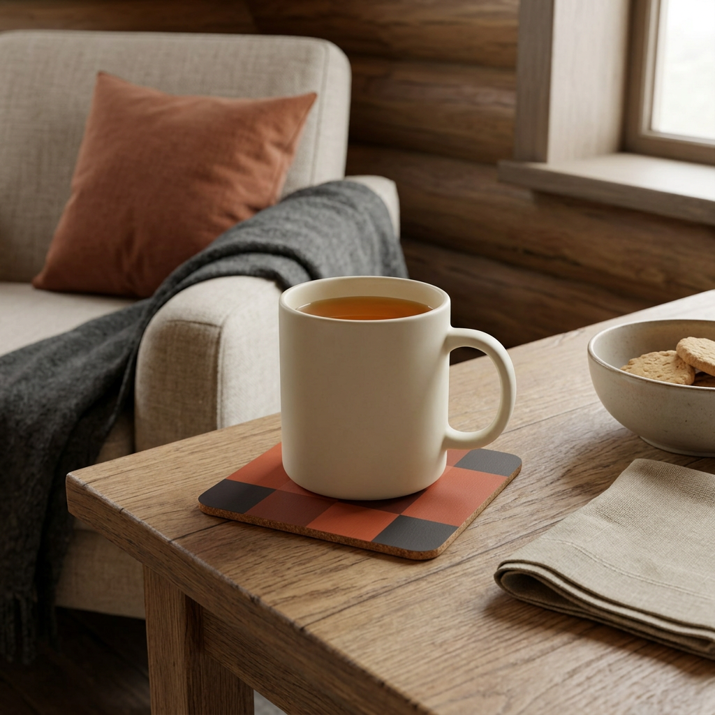 Ember coaster with tea in a cozy cabin morning setting