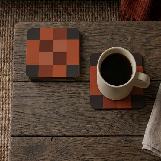 Ember coffee-table mockup with the coaster stack set off to the side
