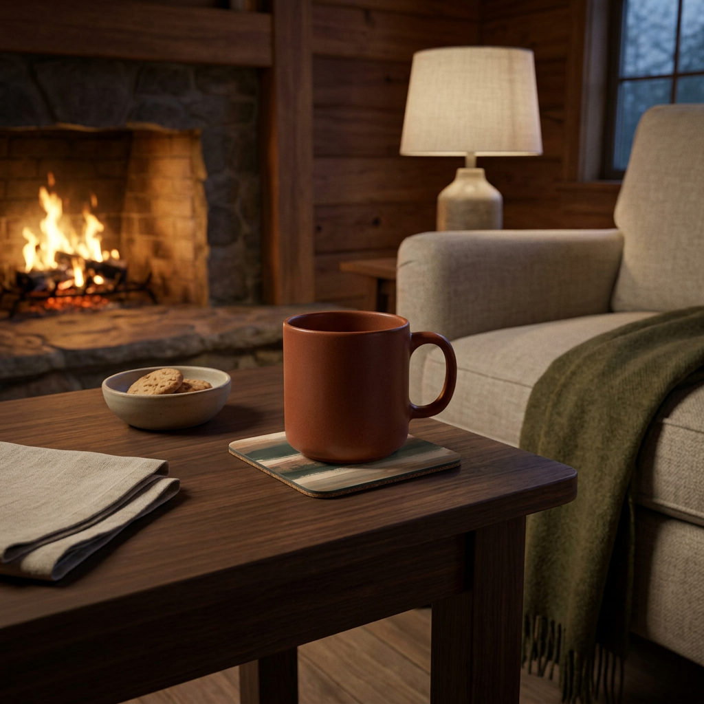 Hearth Brushstroke coaster in a cozy cabin evening scene