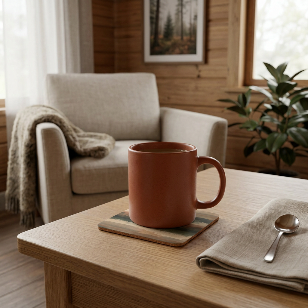 Hearth Brushstroke coaster in a timber cabin with soft morning light
