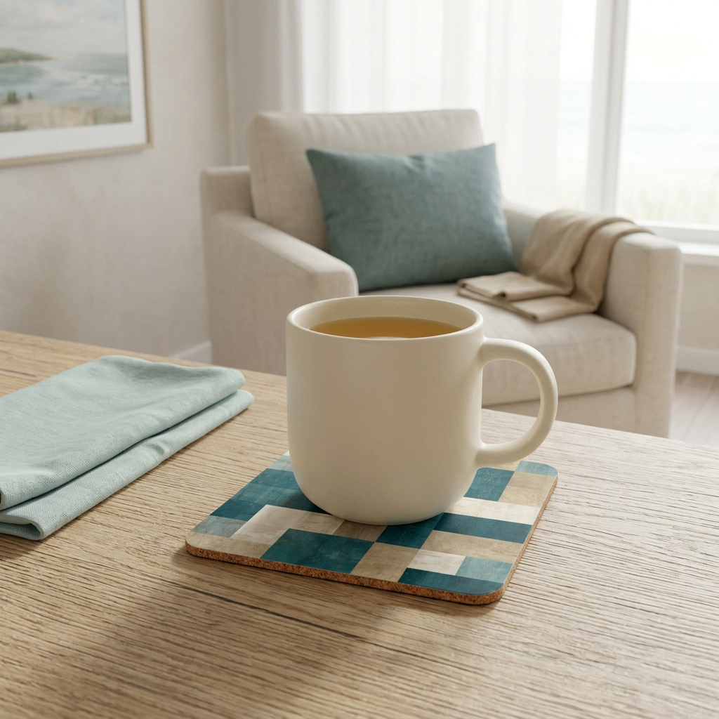 Mediterranean coaster with tea in a coastal living room