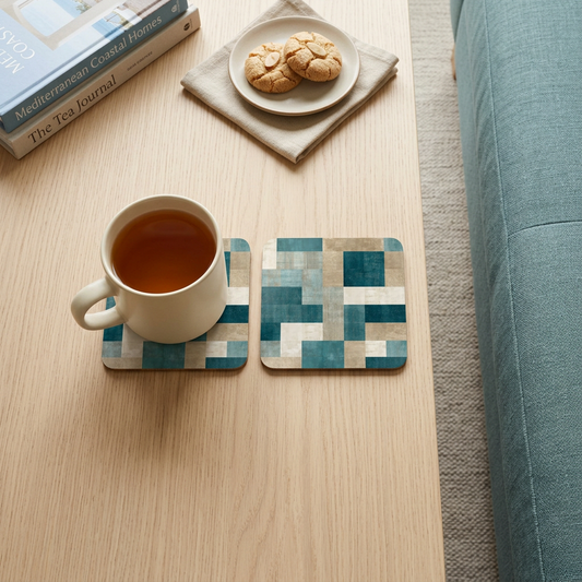 Mediterranean coasters on an oak table with teal linen seating