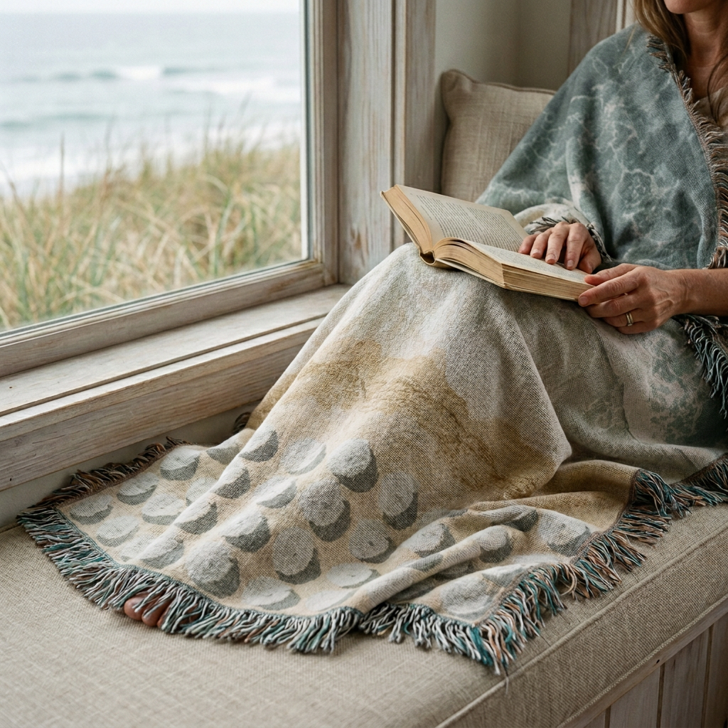 More faded coastal blanket in the reading nook