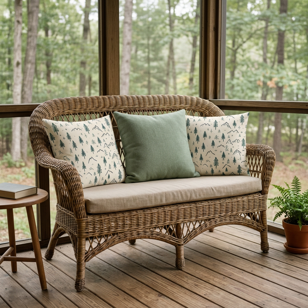 Mountain Pines pillows on a screened veranda wicker settee
