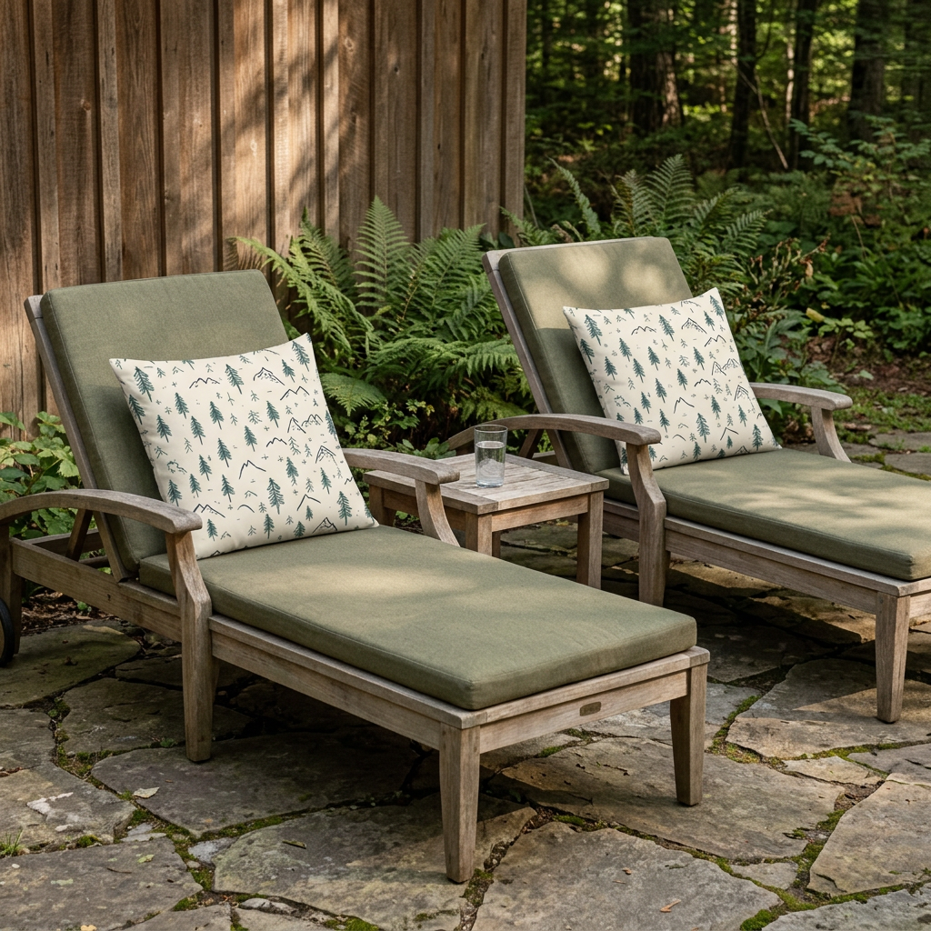 Mountain Pines pillows on teak patio chairs