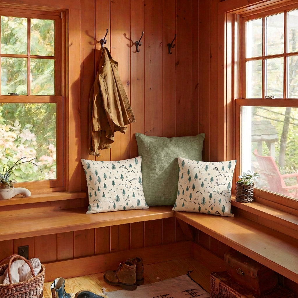 Mountain Pines pillows with a taller muted green center cushion
