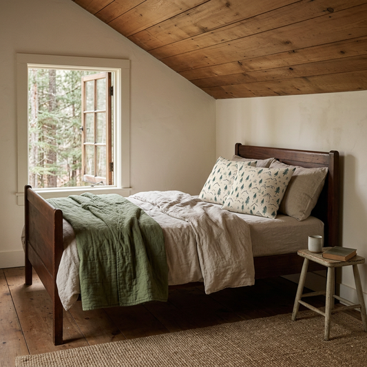 Mountain Pines throw pillows in a cabin sleeping loft
