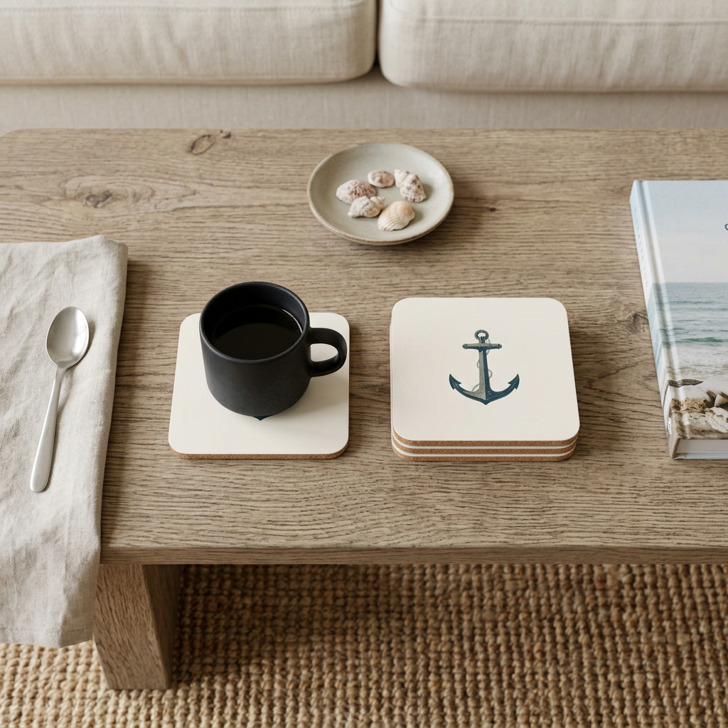 New overhead editorial mockup with equal-size coaster geometry specified