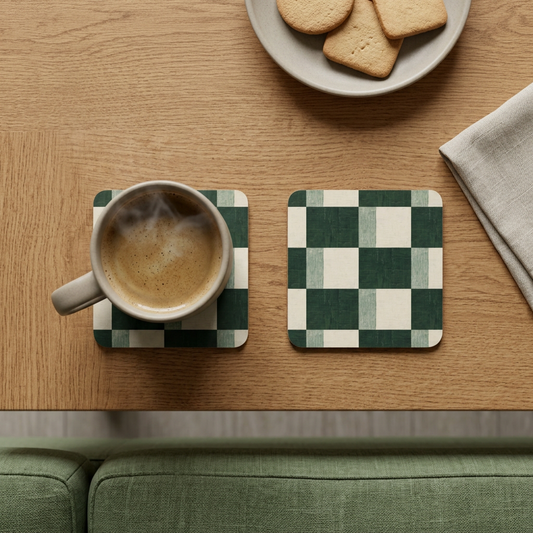 Pinewood coasters on an oak coffee table in soft overcast light