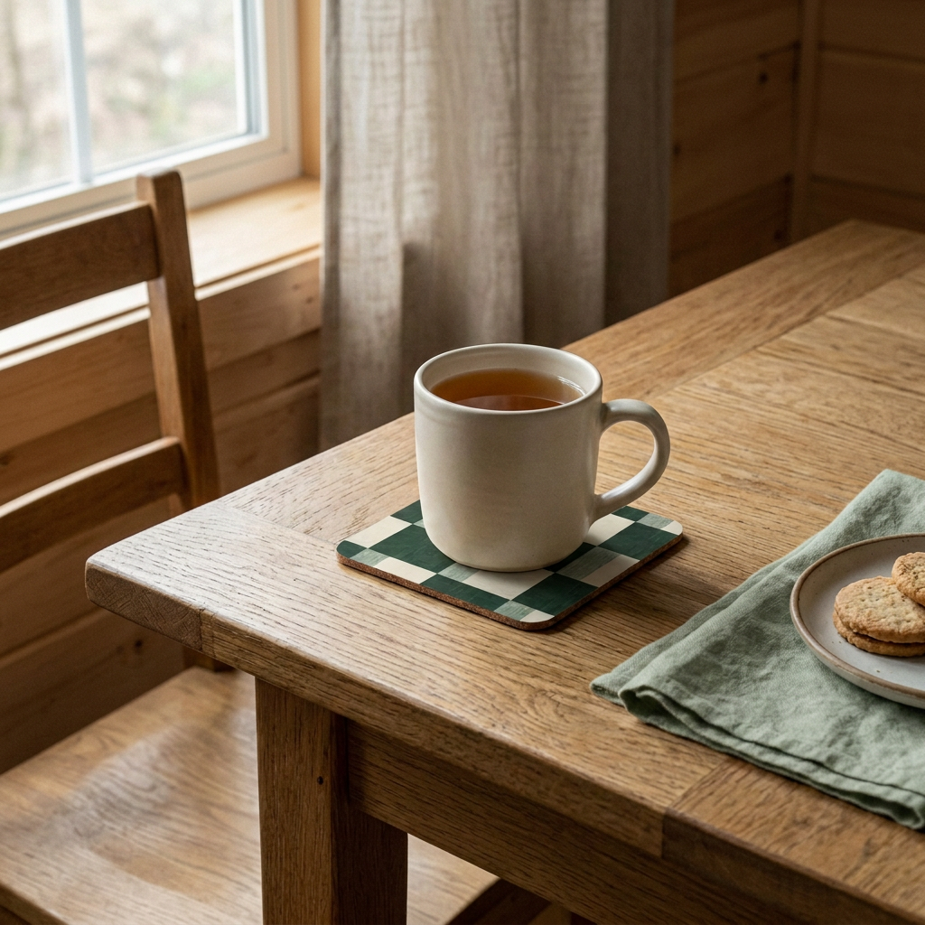 Pinewood kitchen mockup with visible tea and a sage linen napkin
