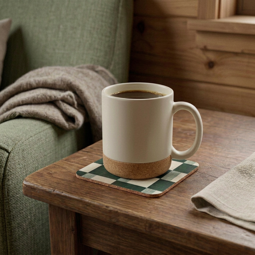Pinewood mockup with a more understated cork-bottom coffee mug