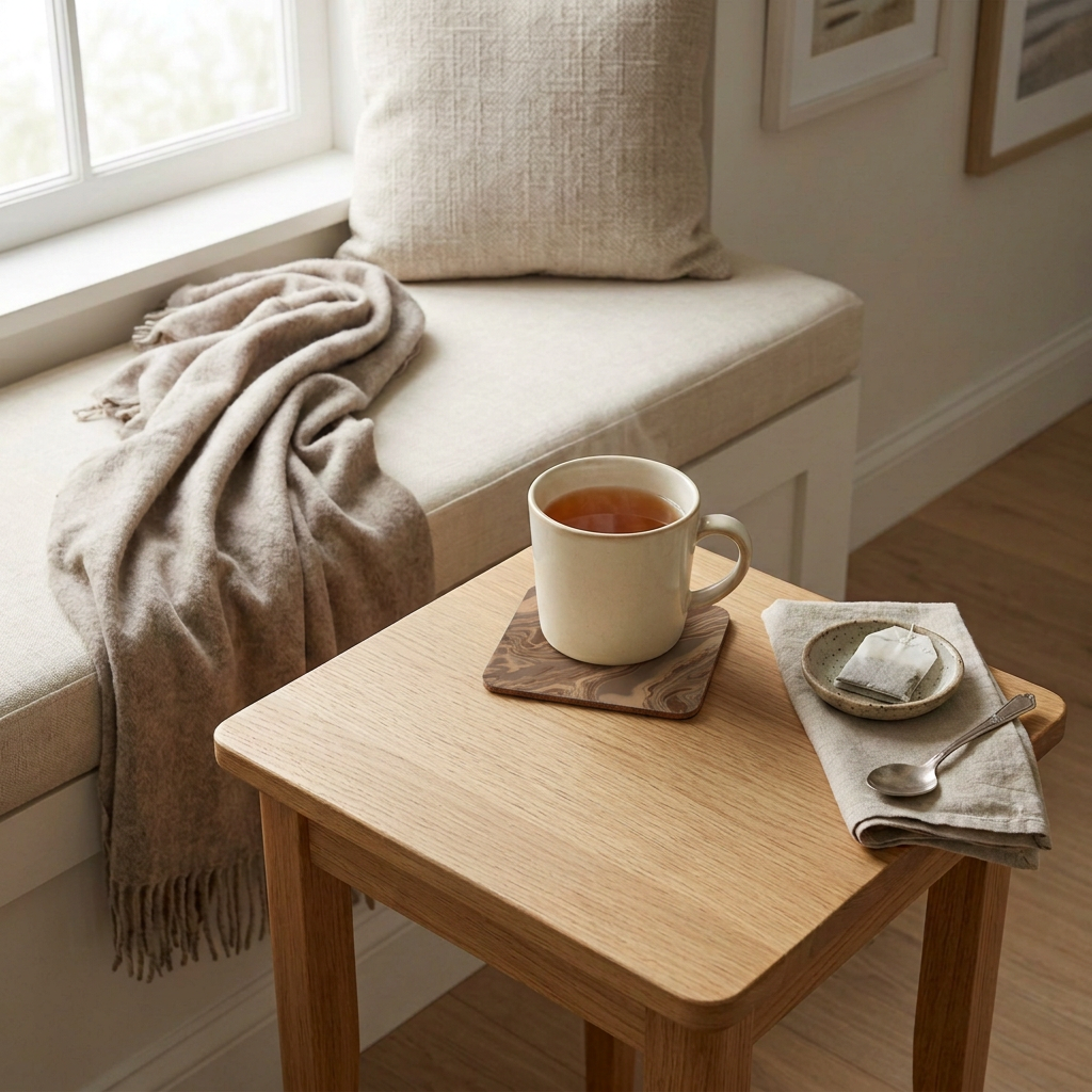 Revised window-seat mockup with a normal-size Hearth Marble drink coaster