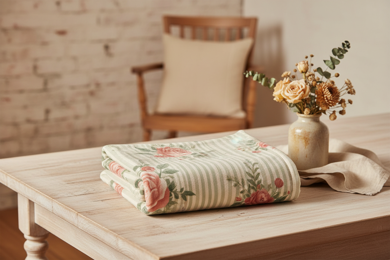 Vintage Rose Blanket — Wood Table